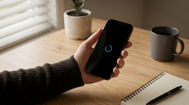 Hand holding smartphone displaying blue loading icon on screen at wooden desk with notebook
