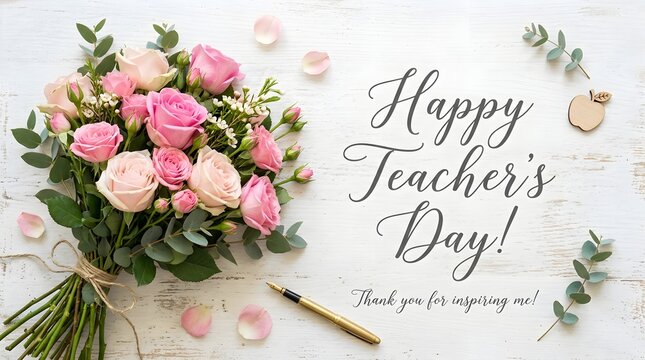 Beautiful bouquet of pink roses and a greeting card for celebrating teachers day event