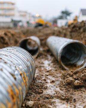 Large corrugated pipes lie half-buried in muddy ground. Construction work continues under overcast skies. Earth disturbed by heavy machinery and recent digging