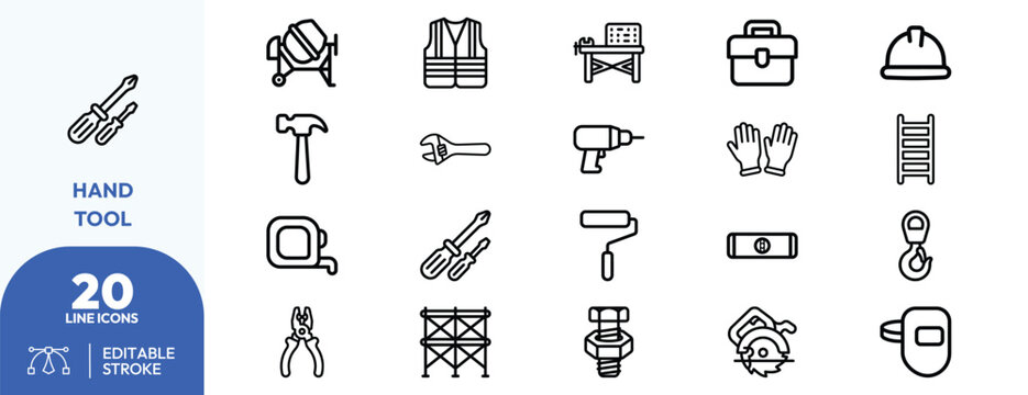 Workshop toolkit set. wrench, plier, hammer, drill, safety, ladder, scaffold, hardhat, toolbox, concrete. Editable stroke. Vector illustration.