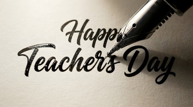 Elegant fountain pen writing the words happy teachers day on a textured white paper surface