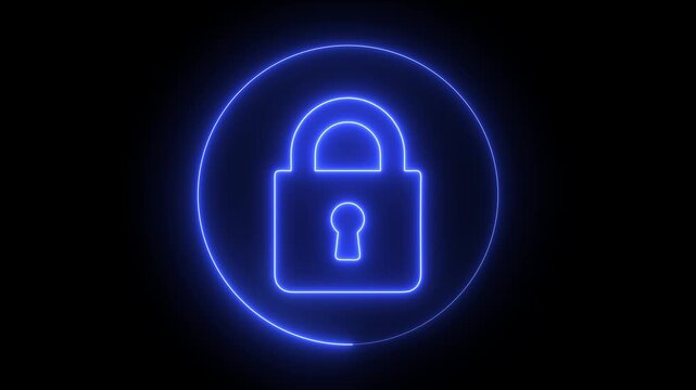 Lock icon blue color neon glowing neon color security privacy password protection safety animated on a black background. Technology protection icon. Safe data Cyber internet security.