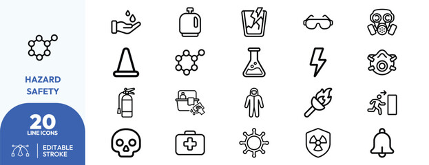 Naklejka premium Hazard safety set. protective gear, chemical containers, emergency symbols, respirator, fire extinguisher. Editable stroke. Vector illustration. Editable stroke. Vector illustration.