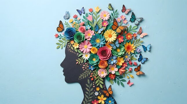 Woman silhouette with flowers and insects