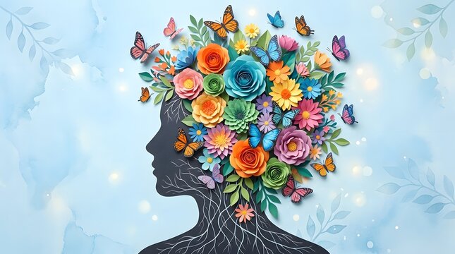 Woman silhouette with flowers and insects