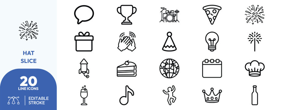Party celebration set. speech bubble, trophy, pizza slice, cake, fireworks, applause, champagne glass, party hat, drum set, and chef hat. Editable stroke. Vector illustration.
