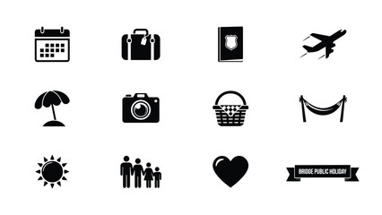 Black and white flat icons set with holiday related themes arranged neatly three three grid plain background displays minimalist collection with representing diverse travel © Jayshri