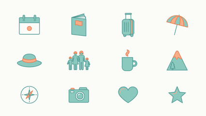 Colorful minimalist travel and adventure icon set with family with outdoor adventure themes soft pastel vibrant coral color scheme against clean white background © Jayshri