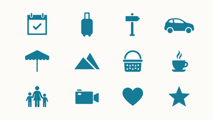 Colorful flat icons set with flat vector icons representing diverse travel daily lifestyle themes cohesive displays collection twelve simplified © Jayshri