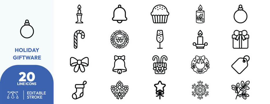 Holiday Decor set. bauble, wreath, fireplace, stocking, snowflake, and more. Editable stroke. Vector illustration.