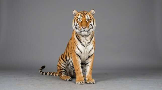 A majestic tiger sits calmly on a gray floor. The tiger has vibrant orange and black stripes.