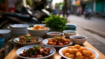 Obraz premium A vibrant spread of assorted fried and seasoned street food dishes arranged on a wooden table outdoors