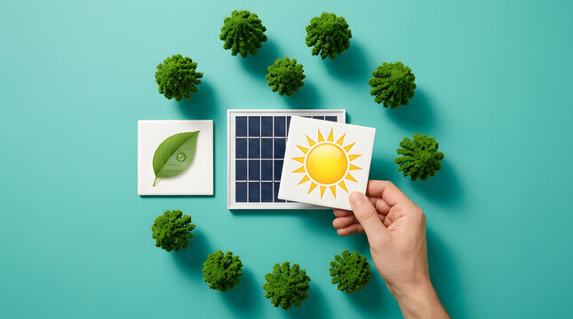 Hand holding sun card near solar panel and leaf on teal background with green trees, model