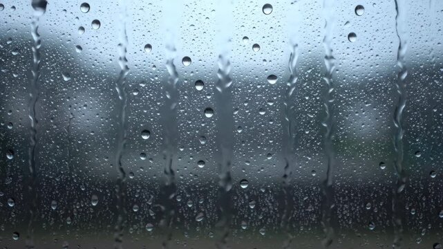 Close up of raindrops on glass, raindrops sliding outside the window on rainy days
