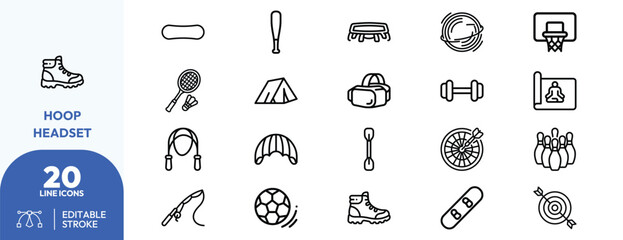 Recreation gear set. Skateboard, jump rope, bowling pins, soccer ball, tennis racket, basketball hoop, fishing rod, tent, backpack, dumbbell, archery dartboard. Editable stroke. Vector illustration. © khopidd232