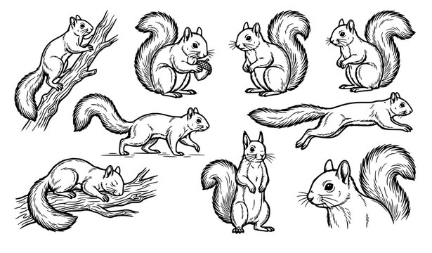 Realistic Squirrel Outline Sketch Vector Set Black and White