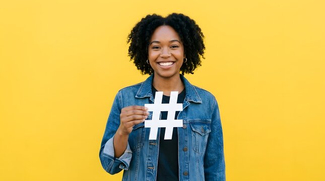 Happy woman holding a white hashtag sign