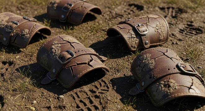 A collection of worn, cracked leather bracers scattered on dusty, muddy ground with grass and tire tracks