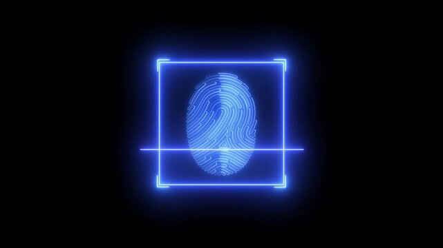 Neon finger print scanning animation on black background. Futuristic digital fingerprint scanner glowing with blue neon circuits on a dark technological background. cyber security technology