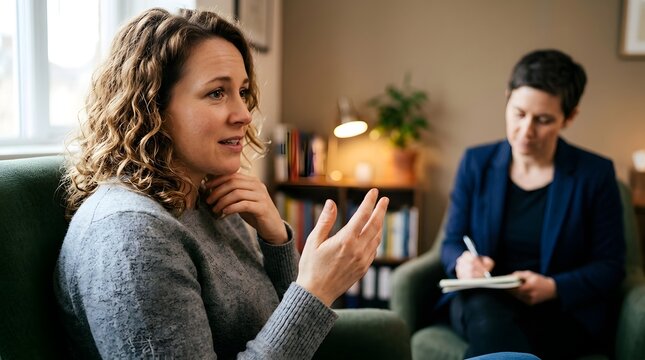 Woman talking to therapist in home office
