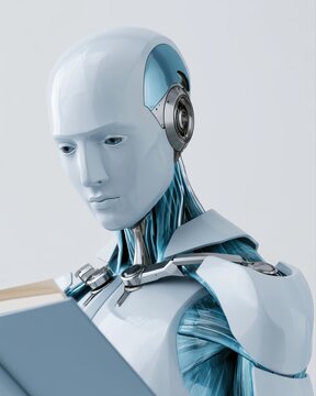 AI robot reading book, learning system concept, knowledge training