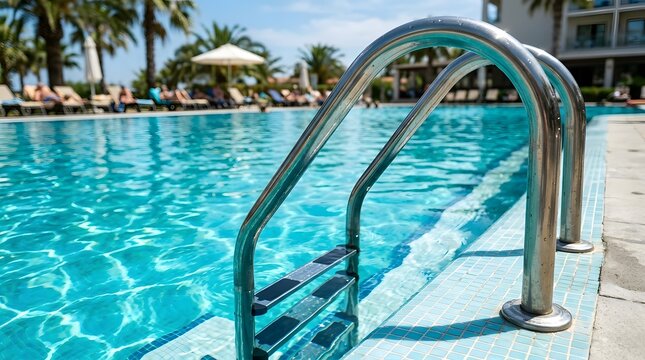 Metal ladder in a blue resort pool