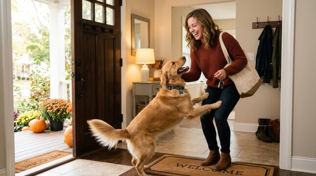 A smiling woman greets her golden retriever dog at her front door. She is holding a purse and keys, and the dog is jumping excitedly.