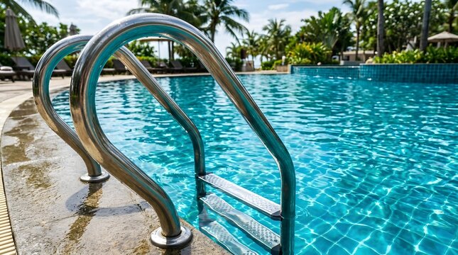 Metal ladder in a tropical blue pool