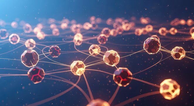 Abstract glowing network of connected geodesic domes representing data connections, science, and technology concepts