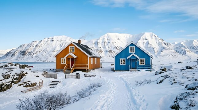 Colorful wooden houses in snowy winter