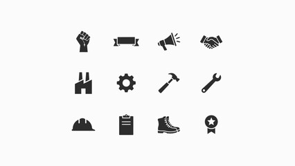 Fototapeta premium Twelve minimalist icons representing labor teamwork with professional tools arranged neatly neutral background flat style icons symbolizing labor