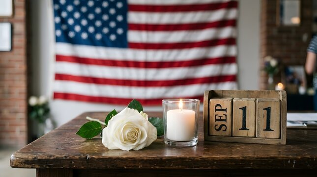 September 11 memorial with flag and rose