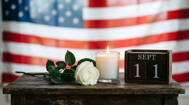 September 11 memorial candle and rose