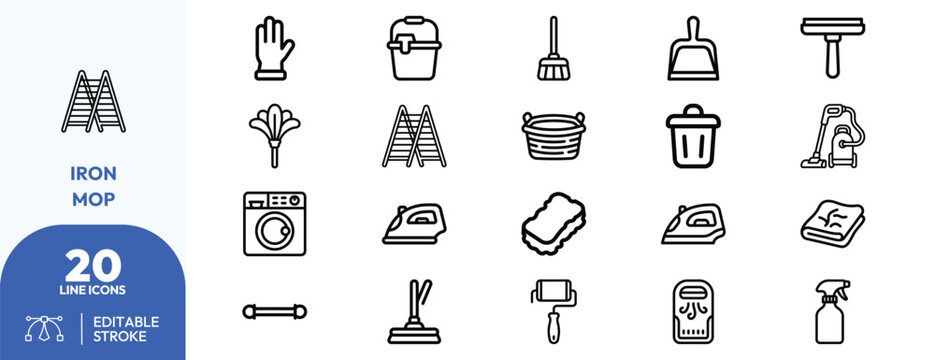 Household chore set. iron, mop, broom, vacuum, laundry basket, spray bottle, rubber gloves, dustpan, ironing board. Editable stroke. Vector illustration.