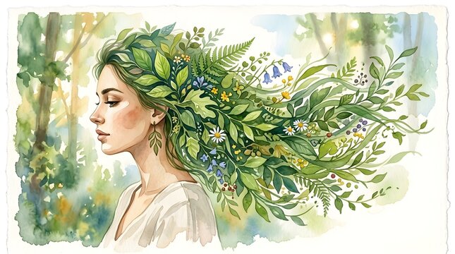 Woman with hair made of green leaves