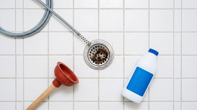 Plumbing tools and chemical cleaner surrounding a clogged drain on white tiles