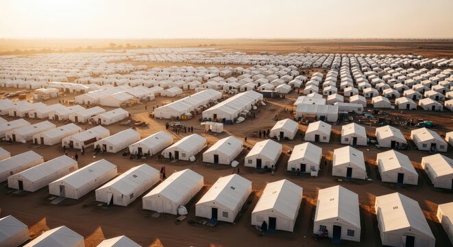 Aerial view of vast refugee camp with rows of white tents stretching to the horizon at sunset, humanitarian aid setting
