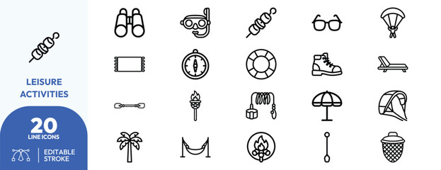 Adventure Travel set. Binoculars, scuba mask, hiking boots, parachute, life buoy, compass, fishing rod, beach umbrella, palm tree, campfire, hammock, lounge. Editable stroke. Vector illustration.