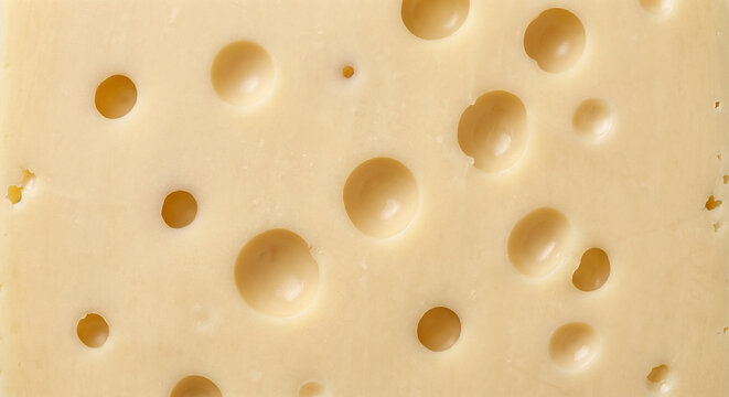Close up macro texture of yellow Swiss cheese with distinct circular holes