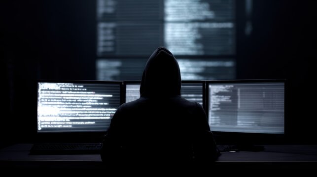 hacker sitting at desk with multiple monitors showing code and cyber attack interface