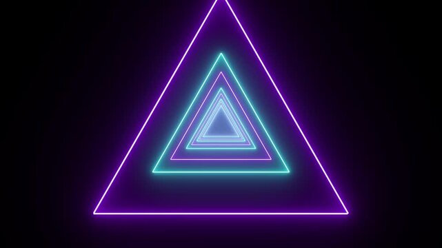 Neon glowing triangle tunnel with light lines on a transparent background. Flying through a neon futuristic endless triangle tunnel of pink and blue lines. 4K Video animation
