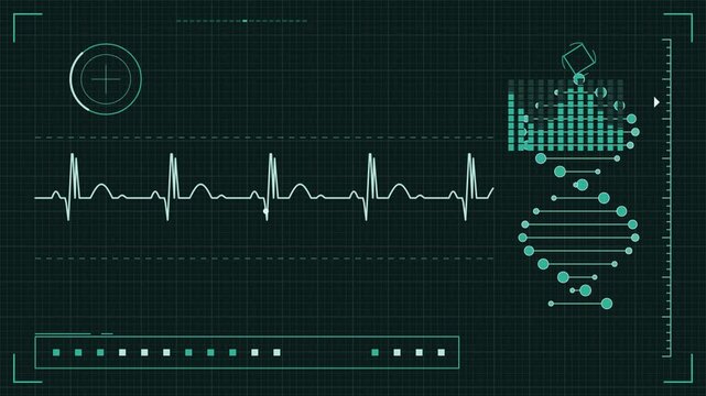 Medical hud interface with heartbeat monitor and dna data animation