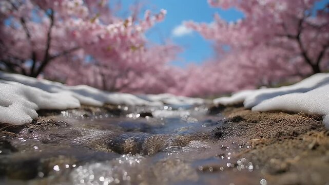 Cherry blossoms with melting snow. Spring flowers blooming in cold winter landscape.