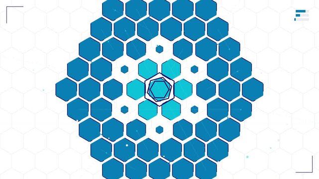 Futuristic digital motion of blue hexagons on a white grid background