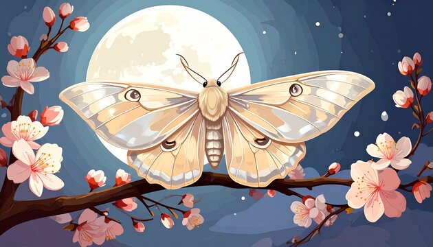 Moth on Blossoming Branch Under Full Moon.