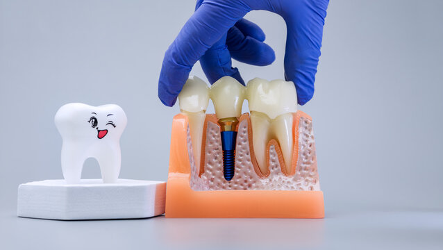 Dentist hand in blue glove placing crown bridge on anatomical dental implant model near a cute winking tooth mascot. Friendly stomatology concept.