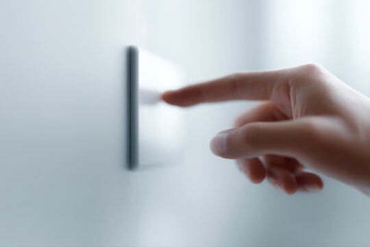 person using wall mounted touch screen panel to control home security alarm system