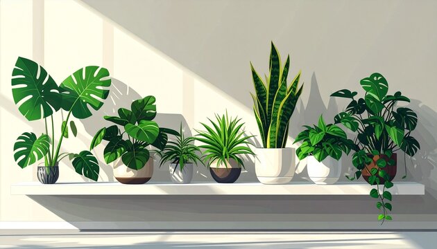 Modern minimalist indoor potted snake plants on white shelf.