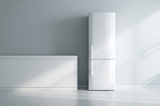 sleek artificial intelligence smart refrigerator standing in minimalist modern kitchen interior