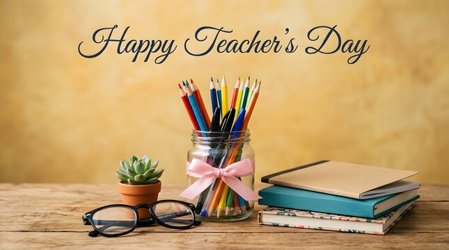 Happy teachers day greeting card with colorful pencils in a jar and stacked school notebooks